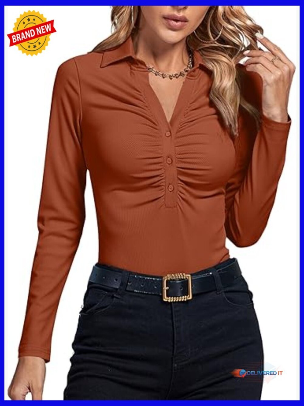 Rib Knit Collar Deep V Neck Ruched Buttons Long Sleeve Bodysuit Leotard Top